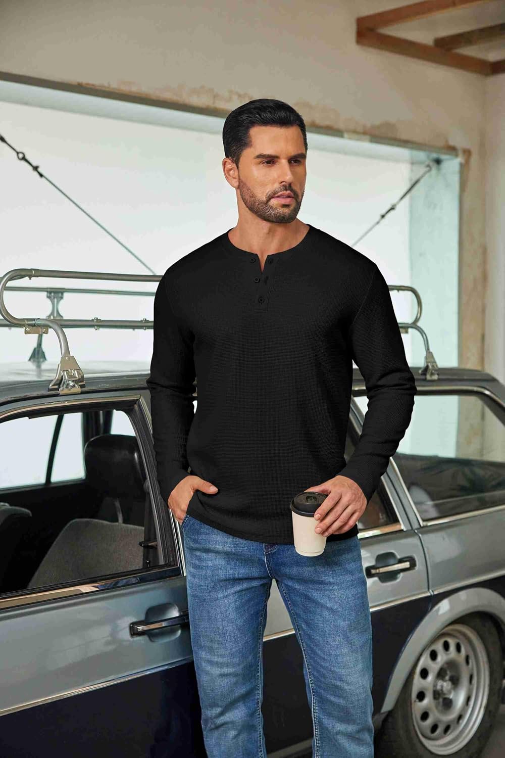 Waffle-Texture Henley Shirt — third-party reference view 2