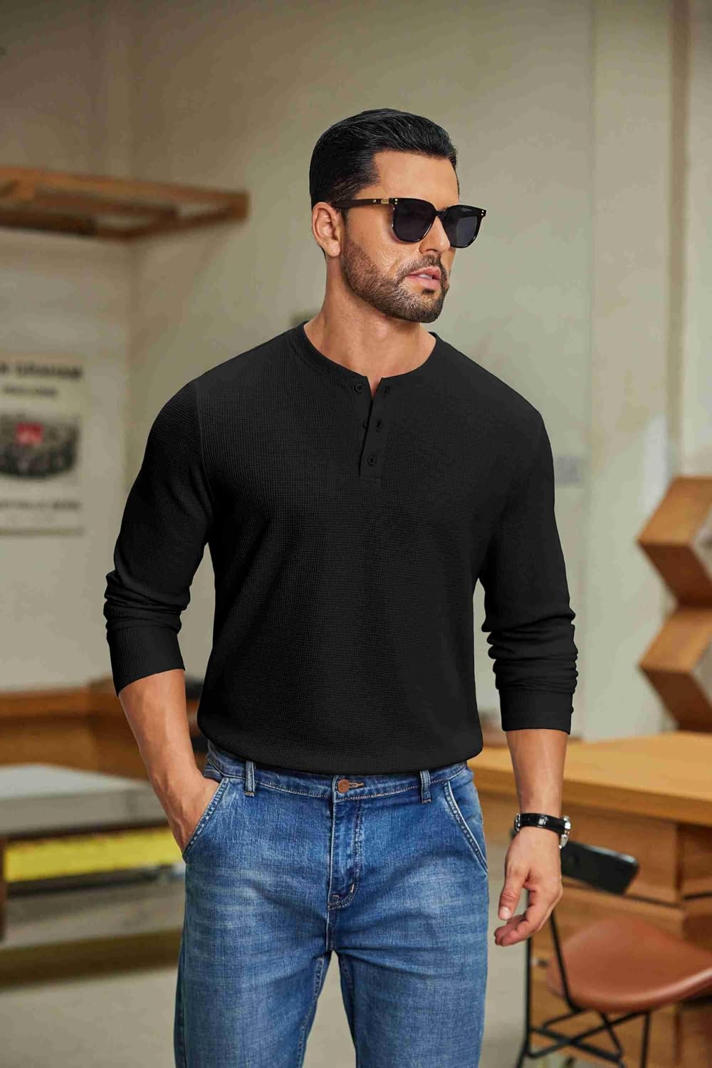 Waffle-Texture Henley Shirt — third-party reference view 3